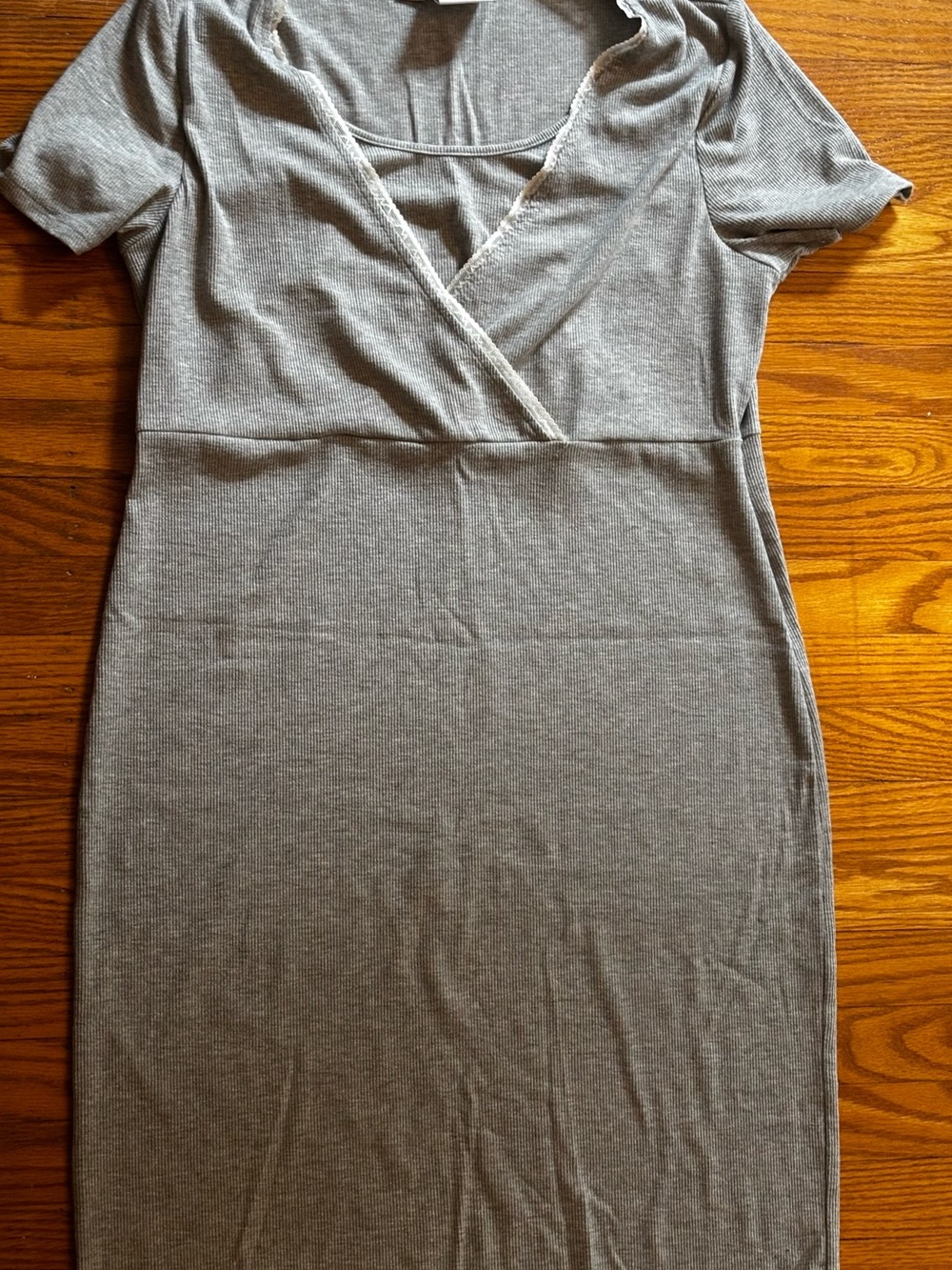 Mi Light Maternity Grey Ribbed Lace-Trim Nightgown